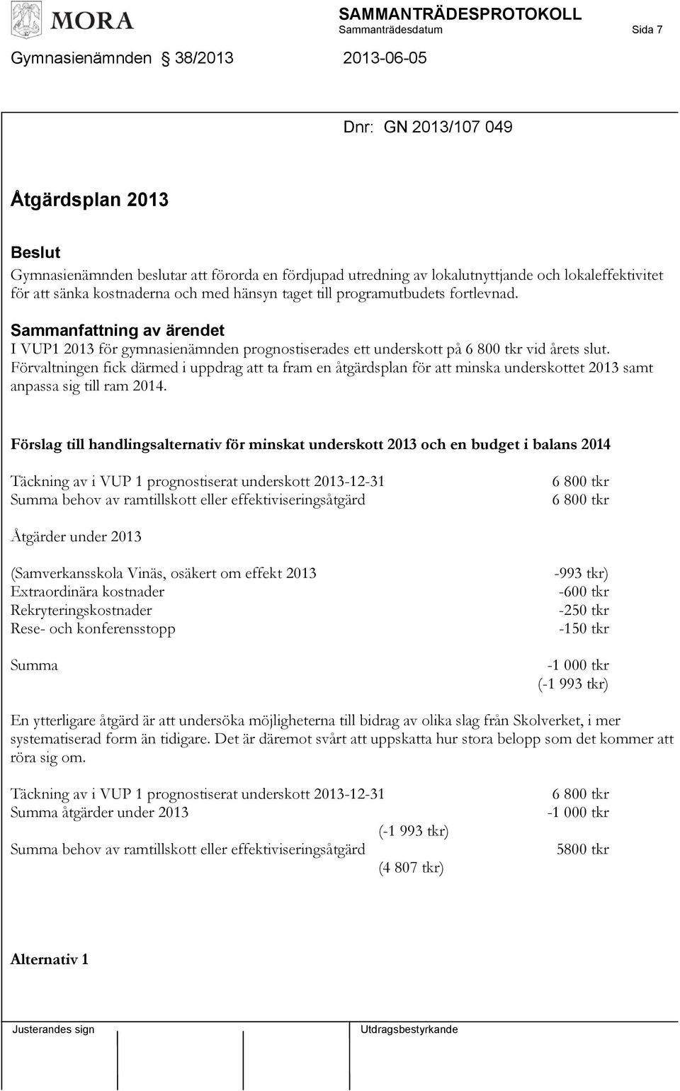 Förvaltningen fick därmed i uppdrag att ta fram en åtgärdsplan för att minska underskottet 2013 samt anpassa sig till ram 2014.