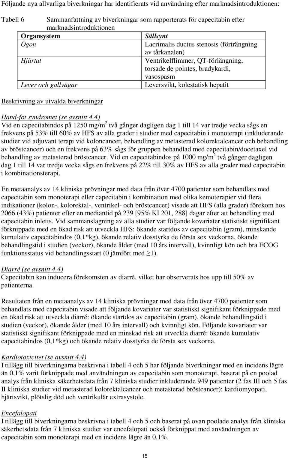 gallvägar Leversvikt, kolestatisk hepatit Beskrivning av utvalda biverkningar Hand-fot syndromet (se avsnitt 4.