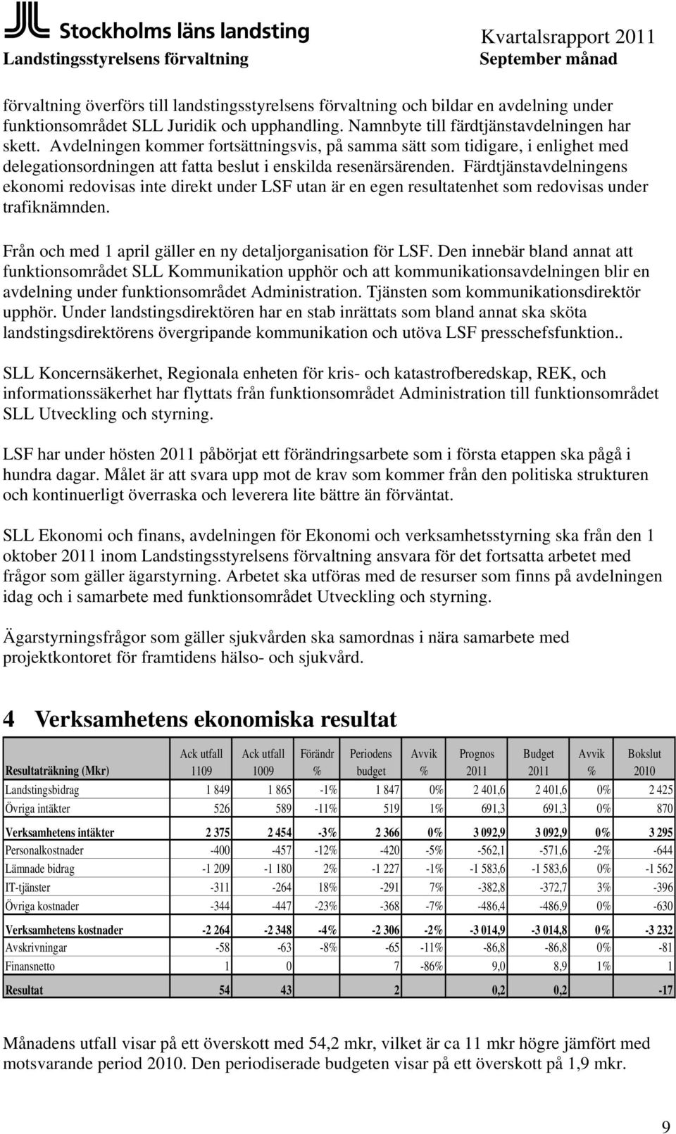 Färdtjänstavdelningens ekonomi redovisas inte direkt under LSF utan är en egen resultatenhet som redovisas under trafiknämnden. Från och med 1 april gäller en ny detaljorganisation för LSF.