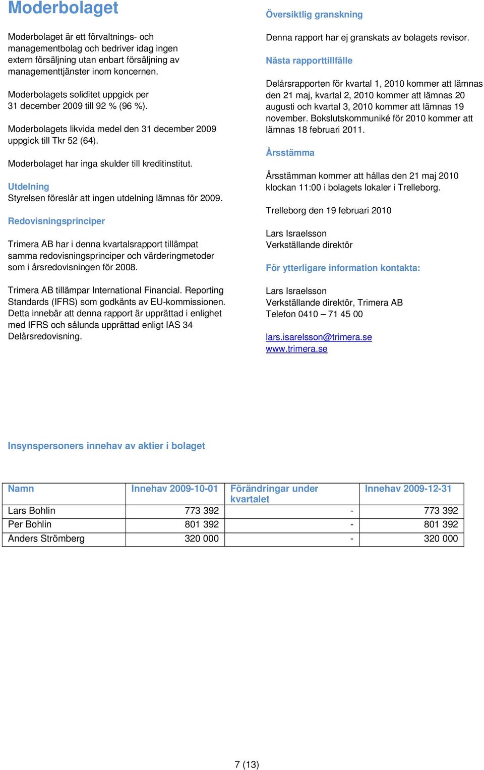 Utdelning Styrelsen föreslår att ingen utdelning lämnas för 2009.