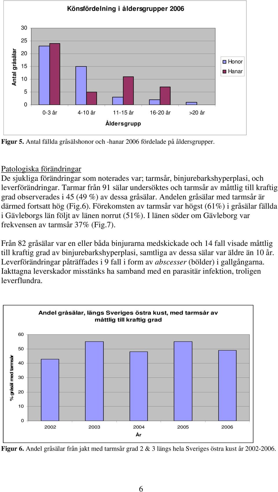 Tarmar från 91 sälar undersöktes och tarmsår av måttlig till kraftig grad observerades i 45 (49 %) av dessa gråsälar. Andelen gråsälar med tarmsår är därmed fortsatt hög (Fig.6).