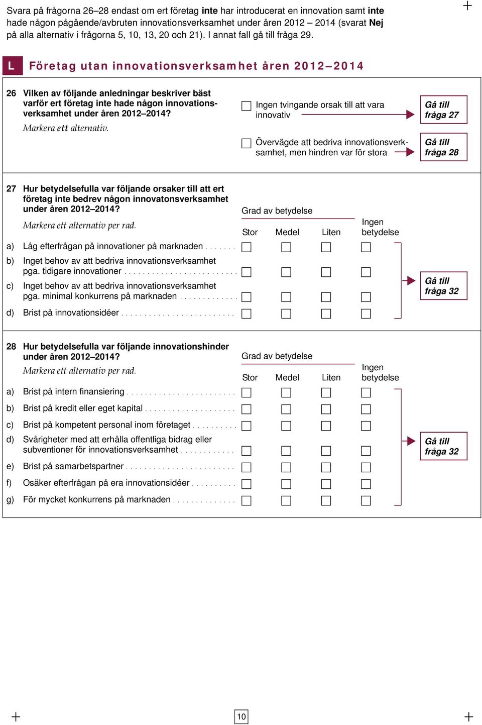 L Företag utan innovationsverksamhet åren 2012 2014 26 Vilken av följande anledningar beskriver bäst varför ert företag inte hade någon innovationsverksamhet under åren 2012 2014?