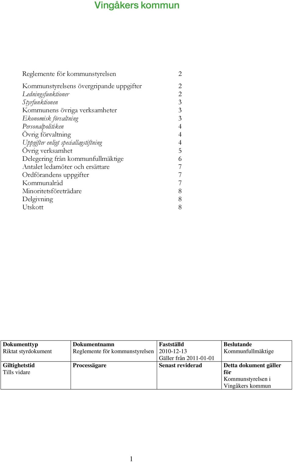 Ordförandens uppgifter 7 Kommunalråd 7 Minoritetsföreträdare 8 Delgivning 8 Utskott 8 Dokumenttyp Riktat styrdokument Giltighetstid Tills vidare Dokumentnamn Reglemente för