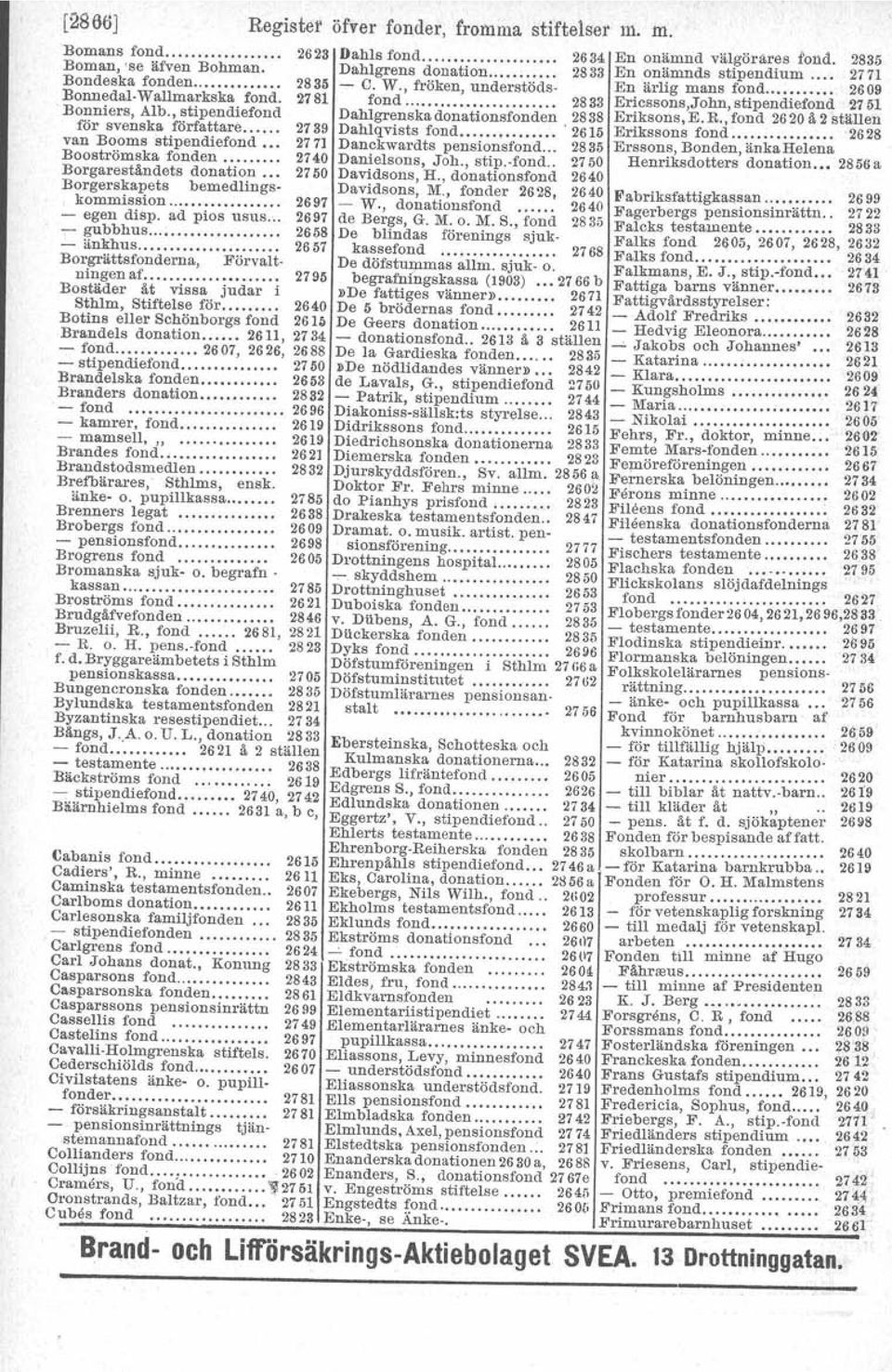 , stipendiefond Dahlgrenska donationsfonden 2838 Eriksons, E. R., fond 2620 ä 2 ställen ror svenska författare 2739 Dahlqvists fond 2615 Erikssons fond.. ::....... 2628 van Booms stipendiefond 0.