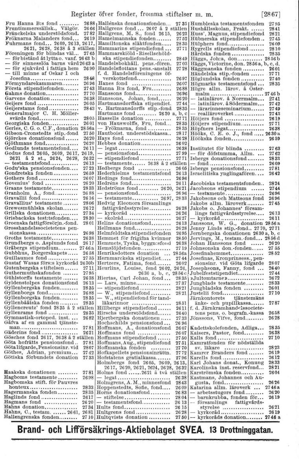 , fond 2615, 2623 Huss', Magnus, stipendiefond 2821 Fröknarna Malanders fond 2619 Hamelmannska fonden 2752 Hiibnerska stipendiefonden.