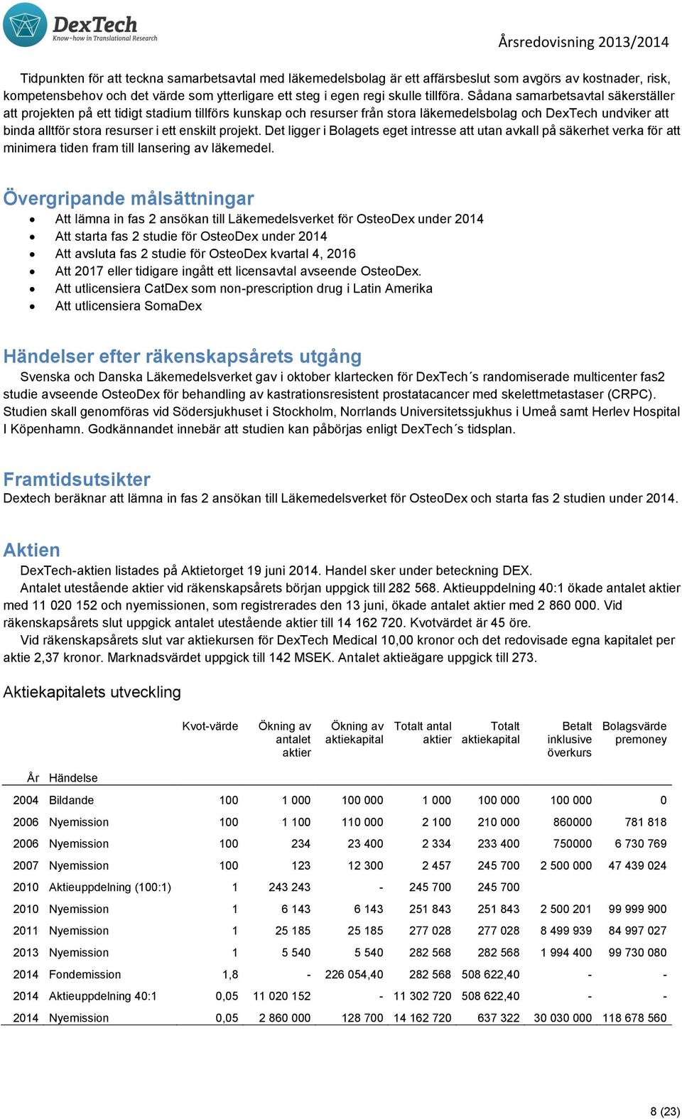 projekt. Det ligger i Bolagets eget intresse att utan avkall på säkerhet verka för att minimera tiden fram till lansering av läkemedel.