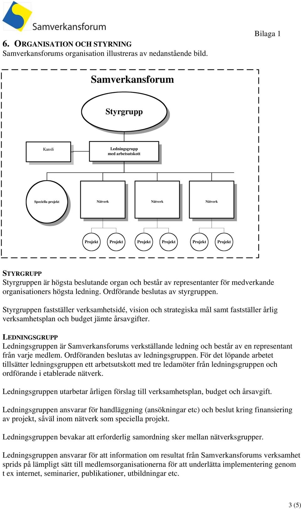 beslutande organ och består av representanter för medverkande organisationers högsta ledning. Ordförande beslutas av styrgruppen.