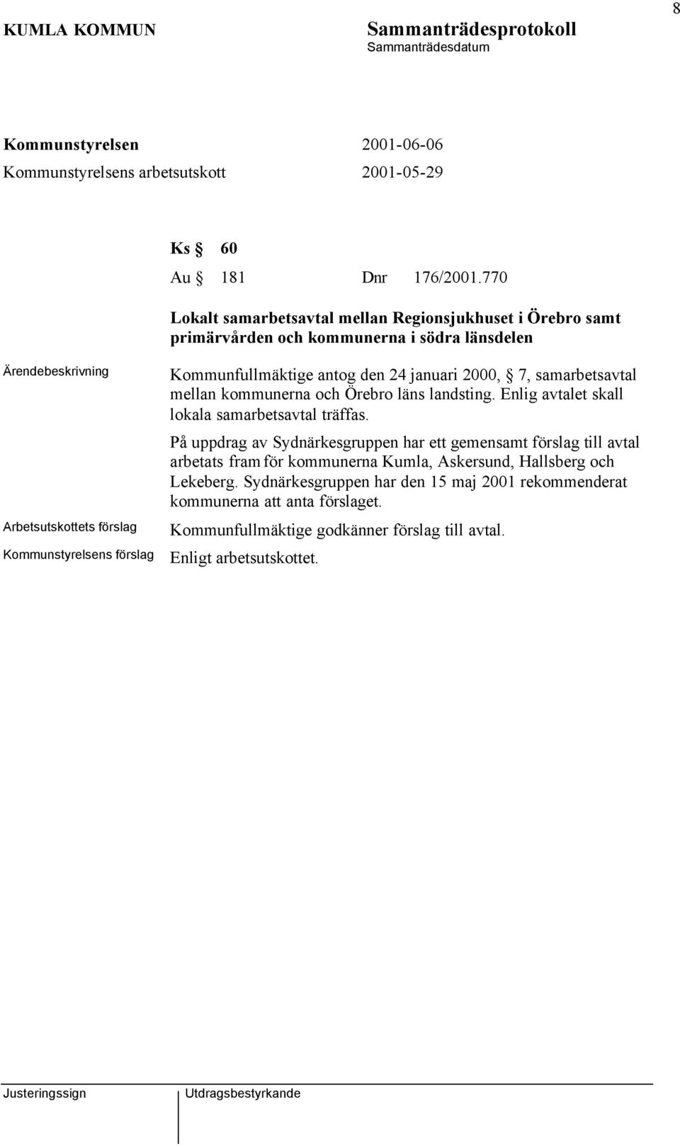 24 januari 2000, 7, samarbetsavtal mellan kommunerna och Örebro läns landsting. Enlig avtalet skall lokala samarbetsavtal träffas.