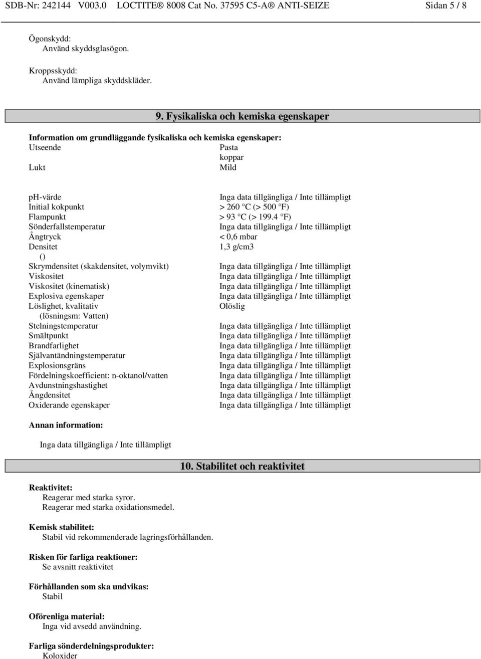 Densitet () Skrymdensitet (skakdensitet, volymvikt) Viskositet Viskositet (kinematisk) Explosiva egenskaper Löslighet, kvalitativ (lösningsm: Vatten) Stelningstemperatur Smältpunkt Brandfarlighet