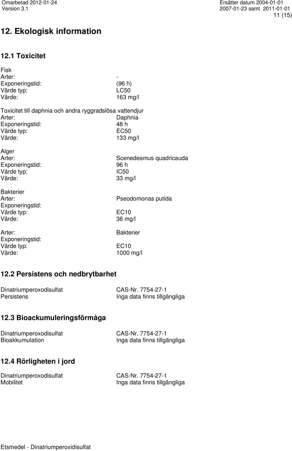 133 mg/l Alger Arter: Exponeringstid: Värde typ: Värde: Bakterier Arter: Exponeringstid: Värde typ: Värde: Arter: Exponeringstid: Värde typ: Värde: Scenedesmus quadricauda 96 h IC50 33 mg/l