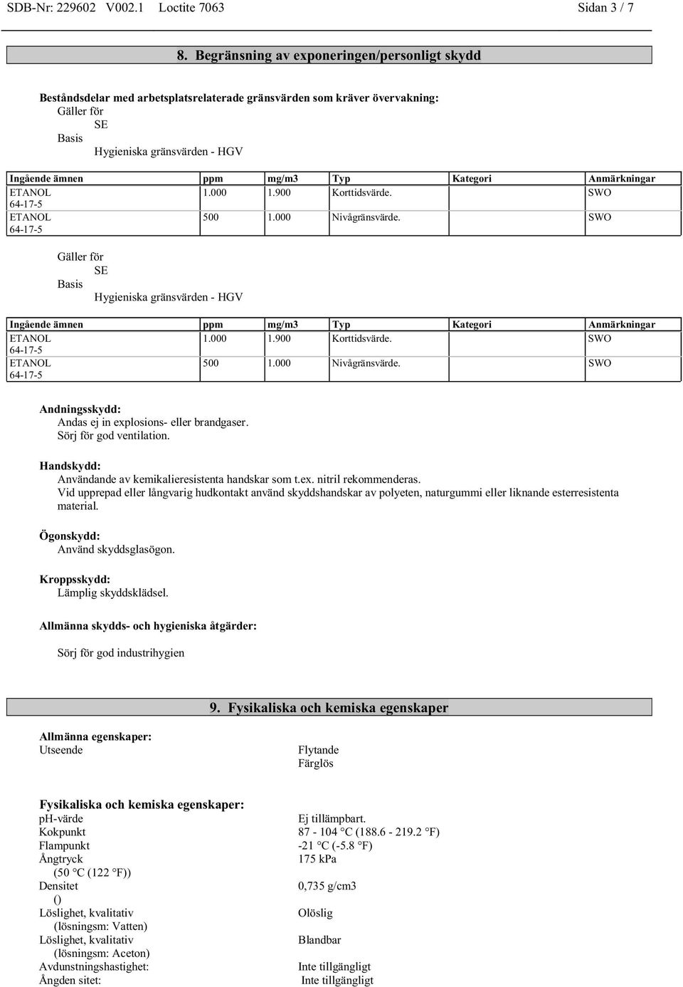 Kategori Anmärkningar ETANOL 1.000 1.900 Korttidsvärde. SWO 64-17-5 ETANOL 64-17-5 500 1.000 Nivågränsvärde.