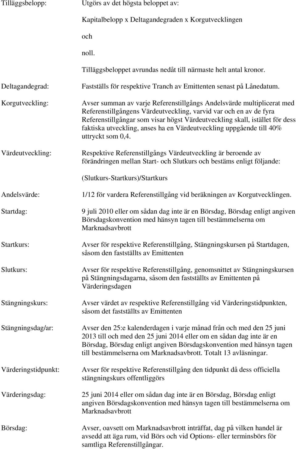 Avser summan av varje Referenstillgångs Andelsvärde multiplicerat med Referenstillgångens Värdeutveckling, varvid var och en av de fyra Referenstillgångar som visar högst Värdeutveckling skall,