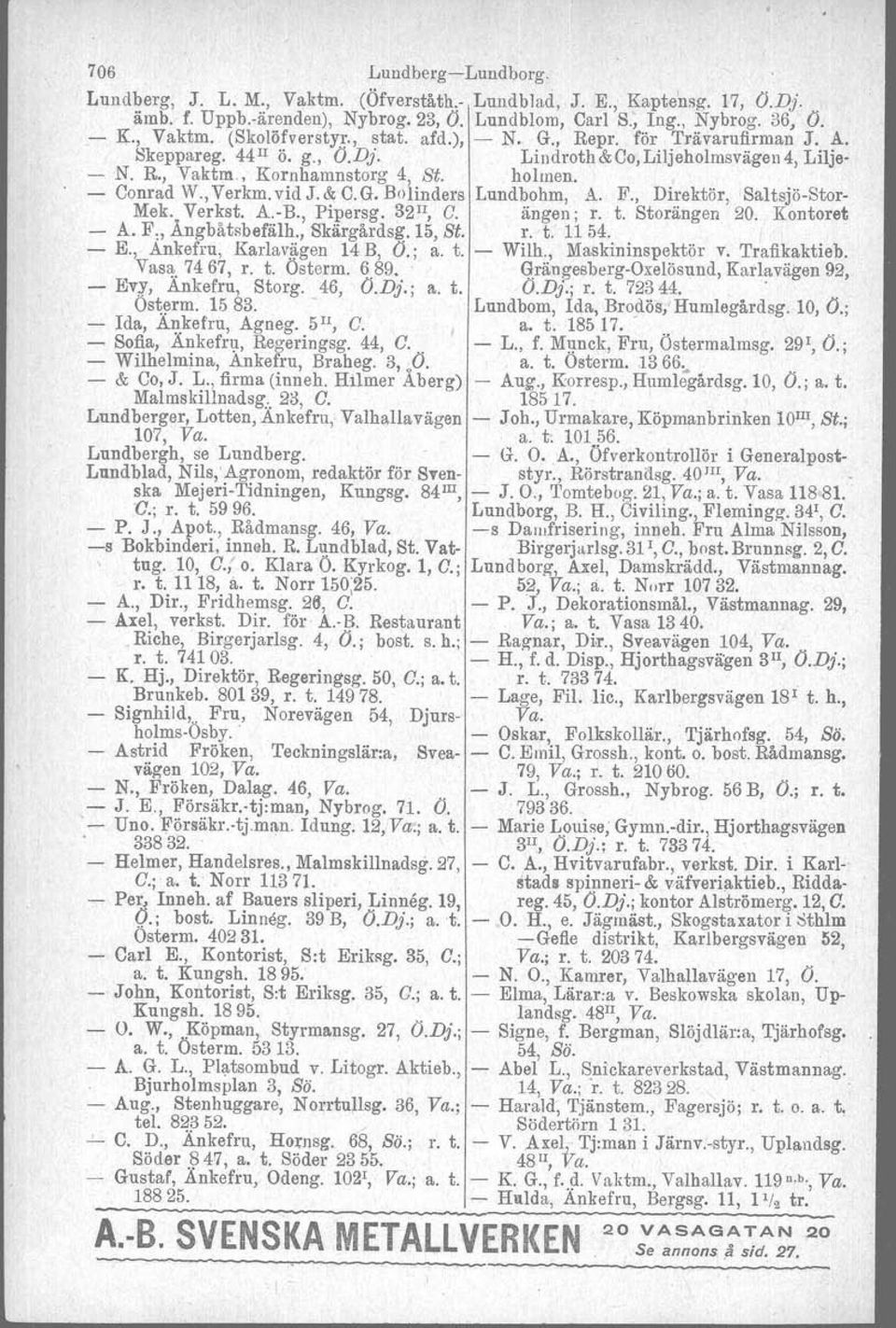 G. Bolinders Lundbohm, A. F., Direktör, -Saltsjö-Stor- Mek. Verkst. A.-B., Pipersg. 32 li, G. ängen; r. t. Storängen 20. Kontoret A. F" Angbåtsbefälh., Skärgårdsg; 15, St. r. t. 11 54. - E.