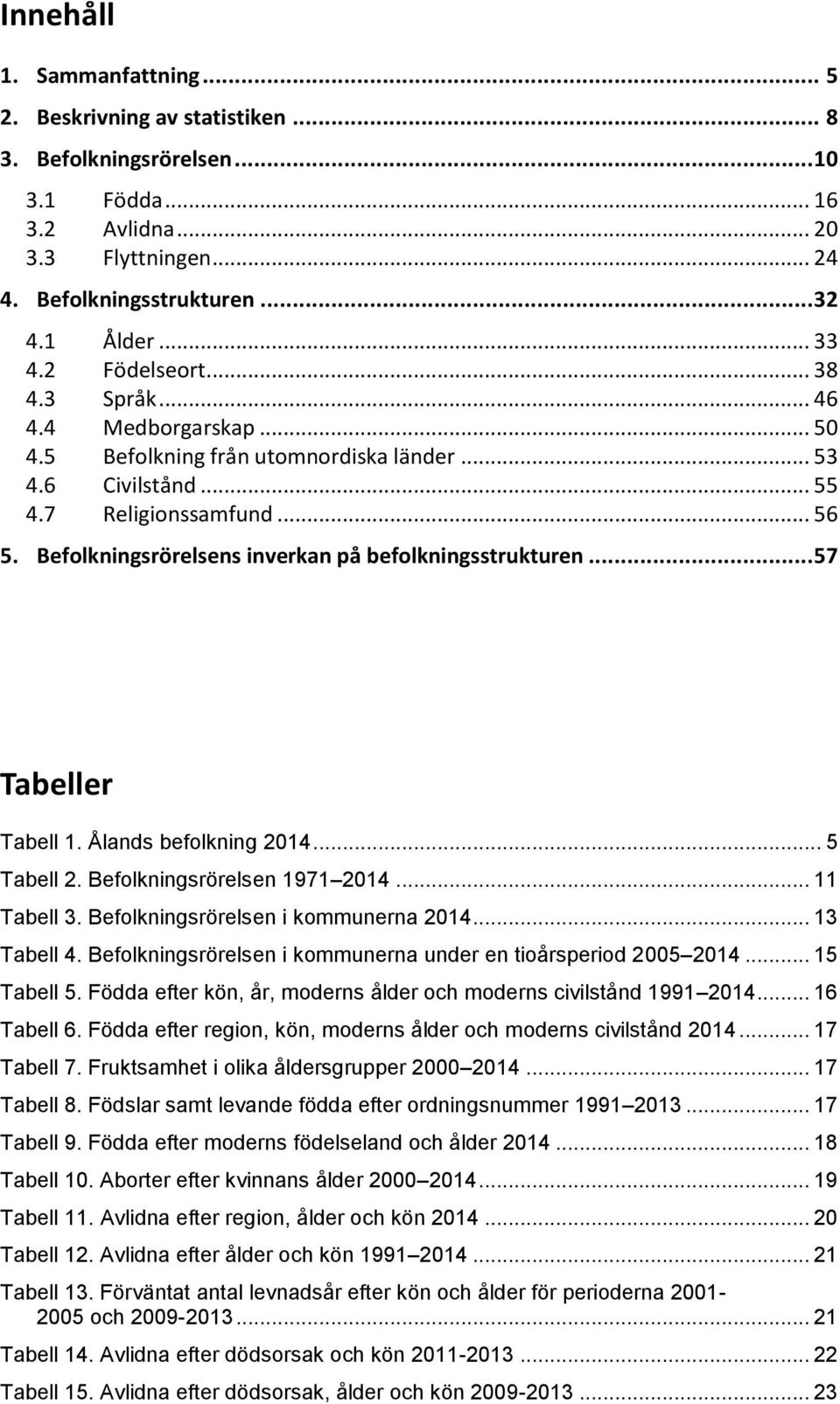 Befolkningsrörelsens inverkan på befolkningsstrukturen... 57 Tabeller Tabell 1. Ålands befolkning 214... 5 Tabell 2. Befolkningsrörelsen 1971 214... 11 Tabell 3. Befolkningsrörelsen i kommunerna 214.