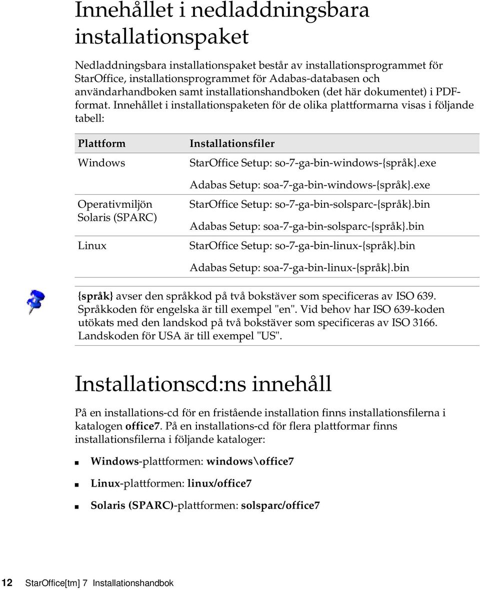 Innehållet i installationspaketen för de olika plattformarna visas i följande tabell: Plattform Windows Operativmiljön Solaris (SPARC) Linux Installationsfiler StarOffice Setup: