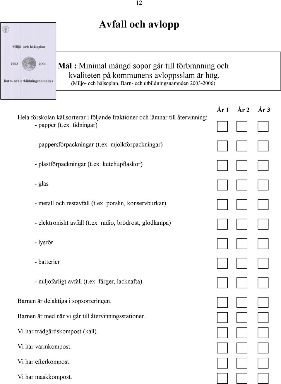 tidningar) - pappersförpackningar (t.ex. mjölkförpackningar) - plastförpackningar (t.ex. ketchupflaskor) - glas - metall och restavfall (t.ex. porslin, konservburkar) - elektroniskt avfall (t.