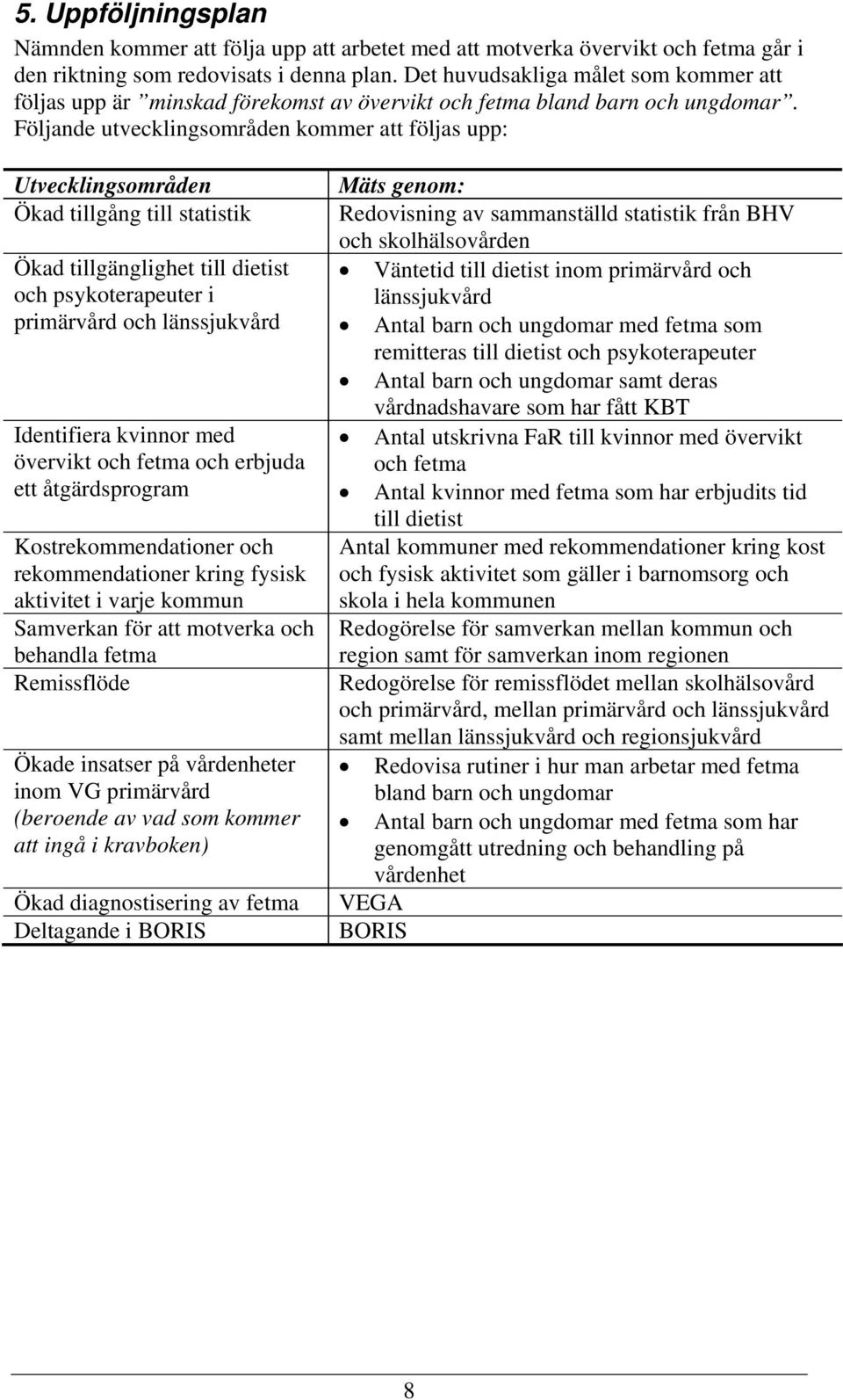 Följande utvecklingsområden kommer att följas upp: Utvecklingsområden Ökad tillgång till statistik Ökad tillgänglighet till dietist och psykoterapeuter i primärvård och länssjukvård Identifiera