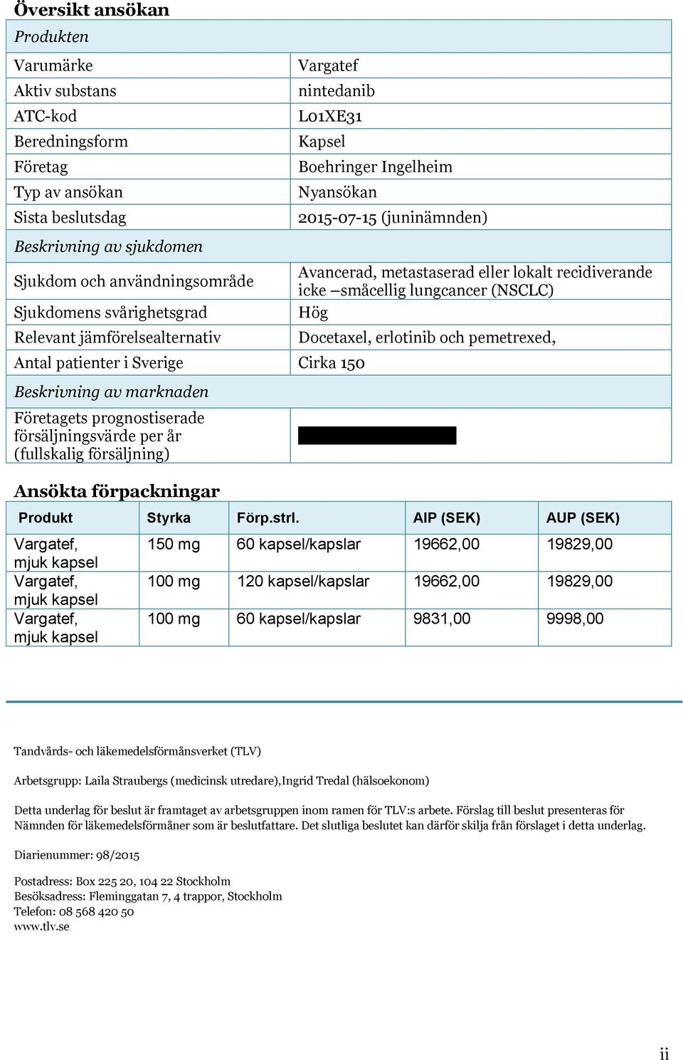 försäljningsvärde per år (fullskalig försäljning) Ansökta förpackningar 2015-07-15 (juninämnden) Avancerad, metastaserad eller lokalt recidiverande icke småcellig lungcancer (NSCLC) Hög Docetaxel,