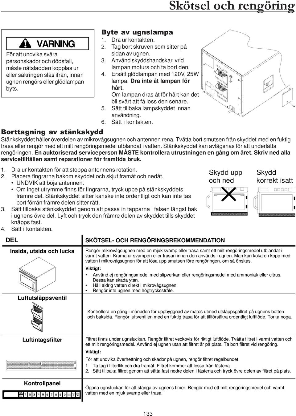 Om lampan dras åt för hårt kan det bli svårt att få loss den senare. 5. Sätt tillbaka lampskyddet innan användning. 6. Sätt i kontakten.