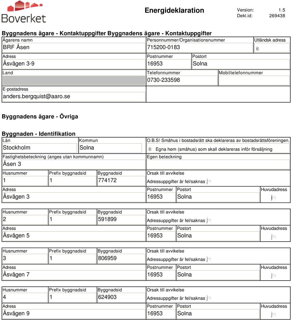 Kommun Solna Fastighetsbeteckning (anges utan kommunnamn) Åsen 3 Husnummer 1 Adress Åsvägen 3 Prefix byggnadsid 1 Byggnadsid 774172 O.B.S! Småhus i bostadsrätt ska deklareras av bostadsrättsföreningen.