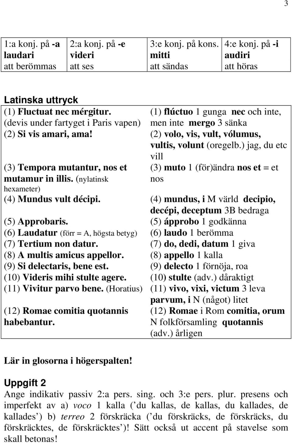 ) jag, du etc vill (3) Tempora mutantur, nos et mutamur in illis. (nylatinsk hexameter) (3) muto 1 (för)ändra nos et = et nos (4) Mundus vult décipi.