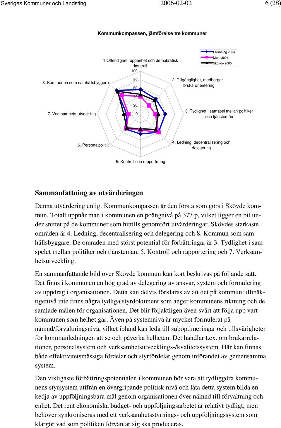 Ledning, decentralisering och delegering 5. Kontroll och rapportering Sammanfattning av utvärderingen Denna utvärdering enligt Kommunkompassen är den första som görs i Skövde kommun.