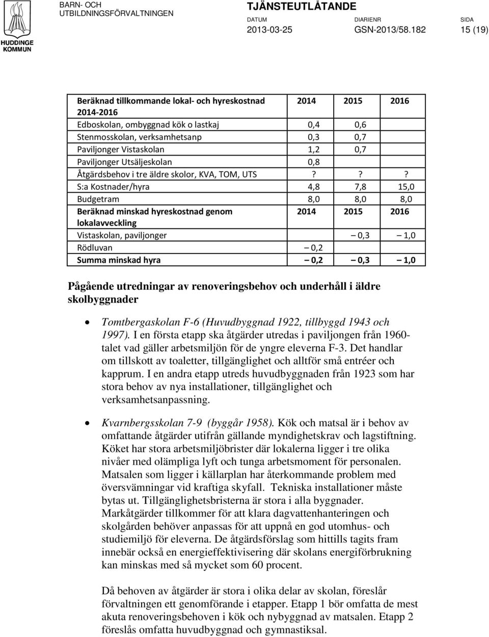 Paviljonger Utsäljeskolan 0,8 Åtgärdsbehov i tre äldre skolor, KVA, TOM, UTS?