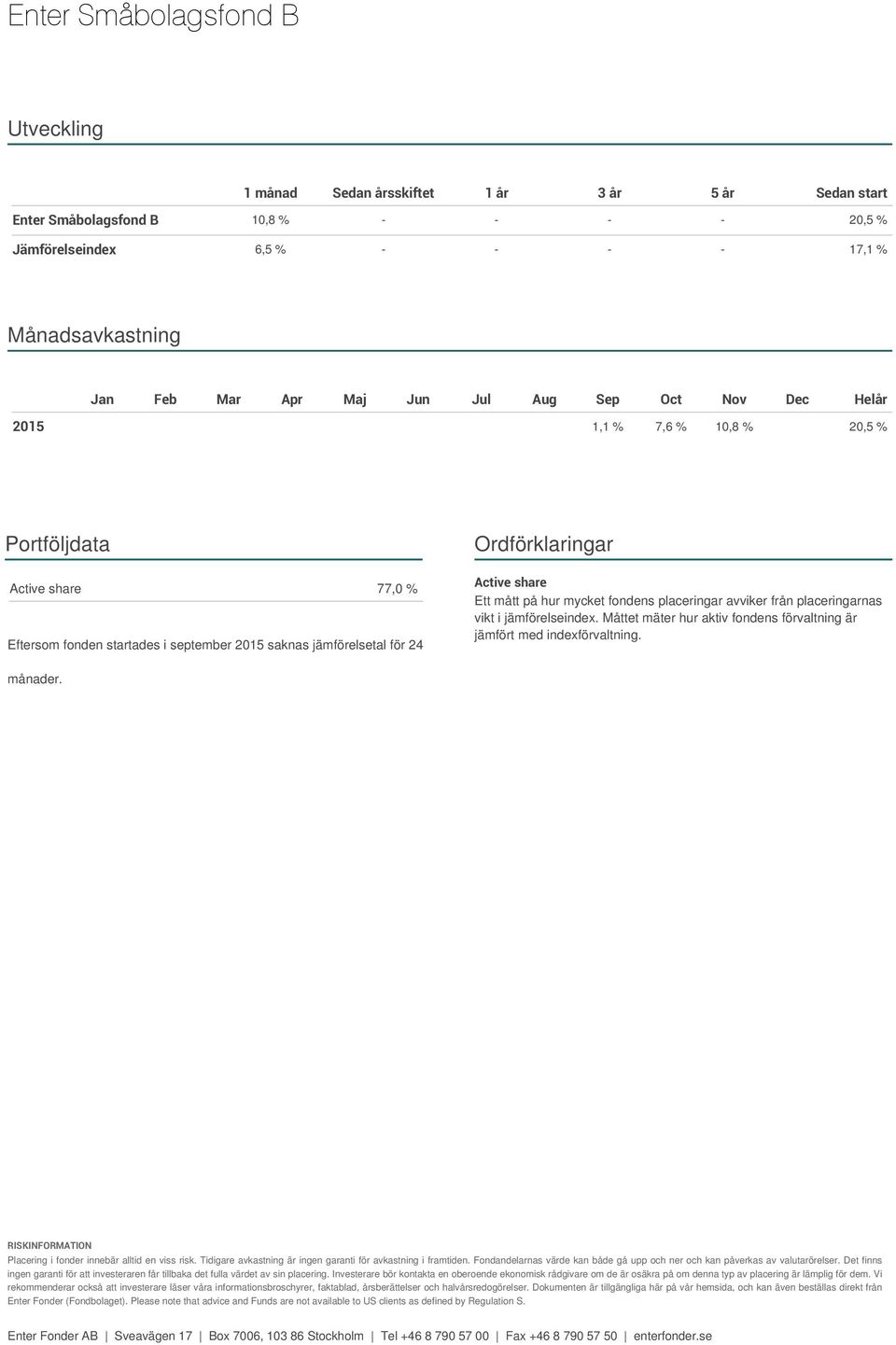 Ett mått på hur mycket fondens placeringar avviker från placeringarnas vikt i jämförelseindex. Måttet mäter hur aktiv fondens förvaltning är jämfört med indexförvaltning. månader.