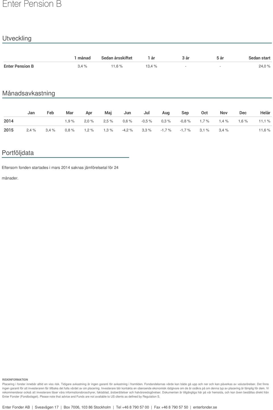 saknas jämförelsetal för 24 månader. RISKINFORMATION Placering i fonder innebär alltid en viss risk. Tidigare avkastning är ingen garanti för avkastning i framtiden.