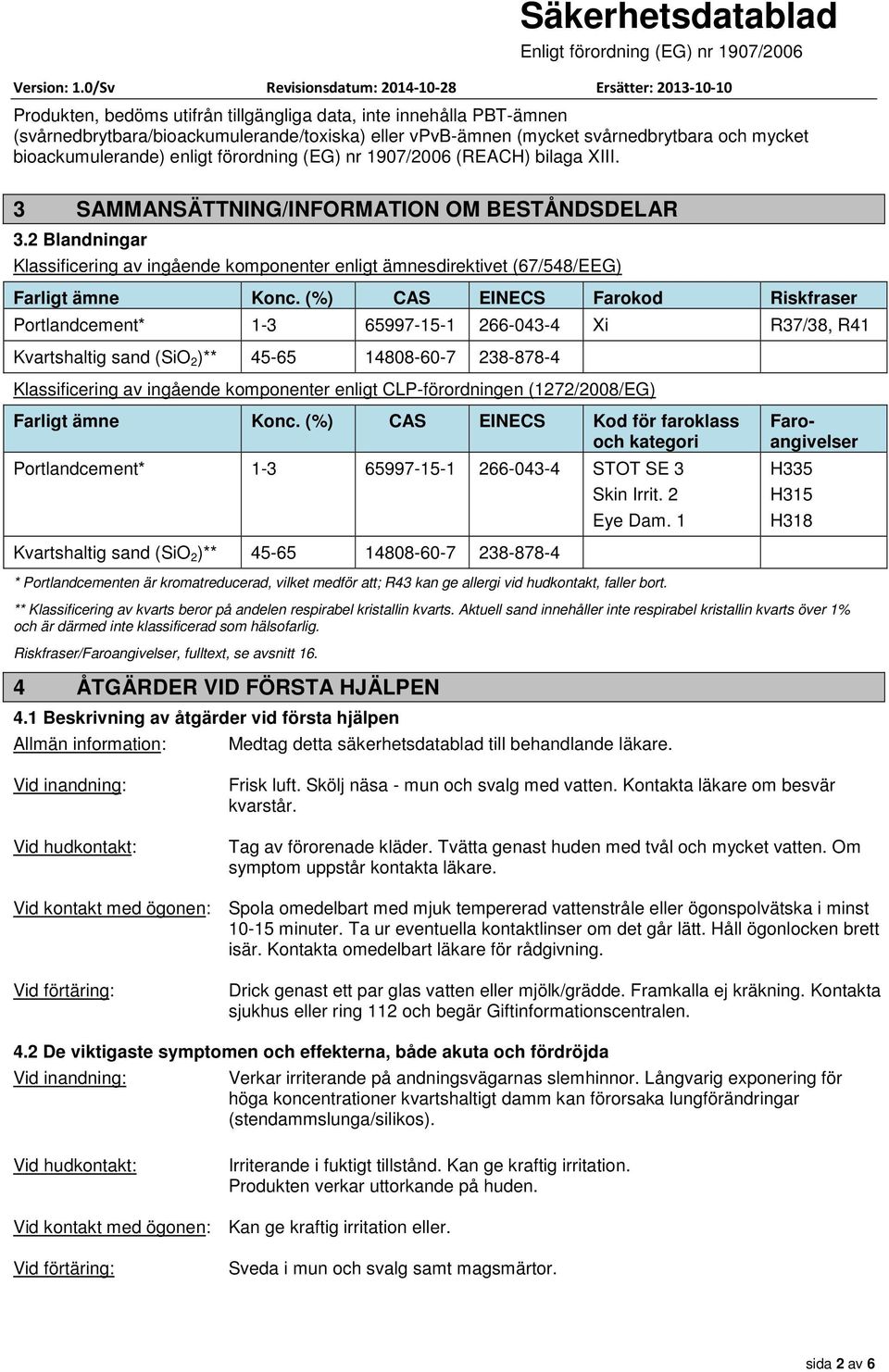 2 Blandningar Klassificering av ingående komponenter enligt ämnesdirektivet (67/548/EEG) Farligt ämne Konc.