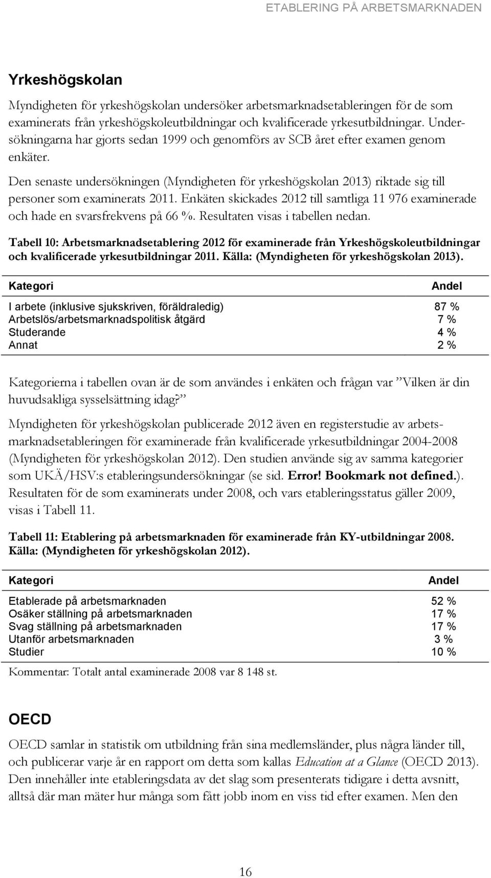 Den senaste undersökningen (Myndigheten för yrkeshögskolan 2013) riktade sig till personer som examinerats 2011.