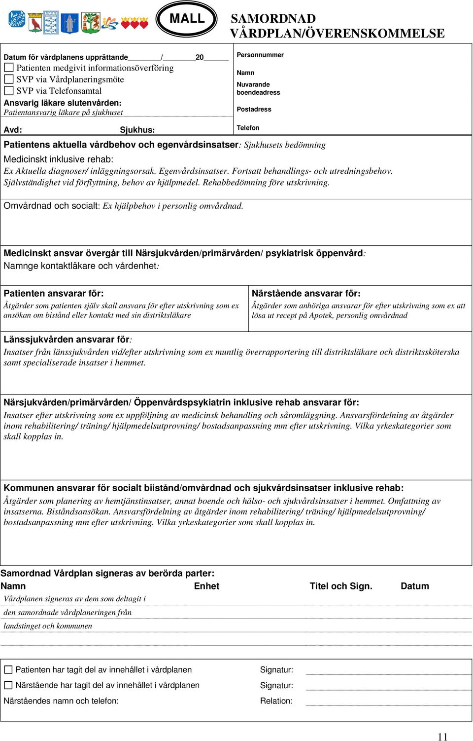 inklusive rehab: Ex Aktuella diagnoser/ inläggningsorsak. Egenvårdsinsatser. Fortsatt behandlings- och utredningsbehov. Självständighet vid förflyttning, behov av hjälpmedel.