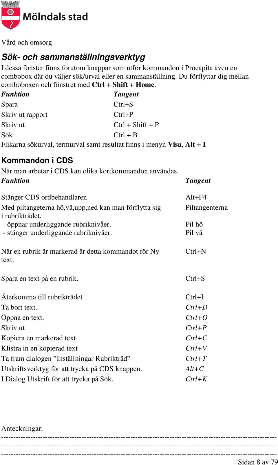 Funktion Tangent Spara Ctrl+S Skriv ut rapport Ctrl+P Skriv ut Ctrl + Shift + P Sök Ctrl + B Flikarna sökurval, termurval samt resultat finns i menyn Visa, Alt + I Kommandon i CDS När man arbetar i