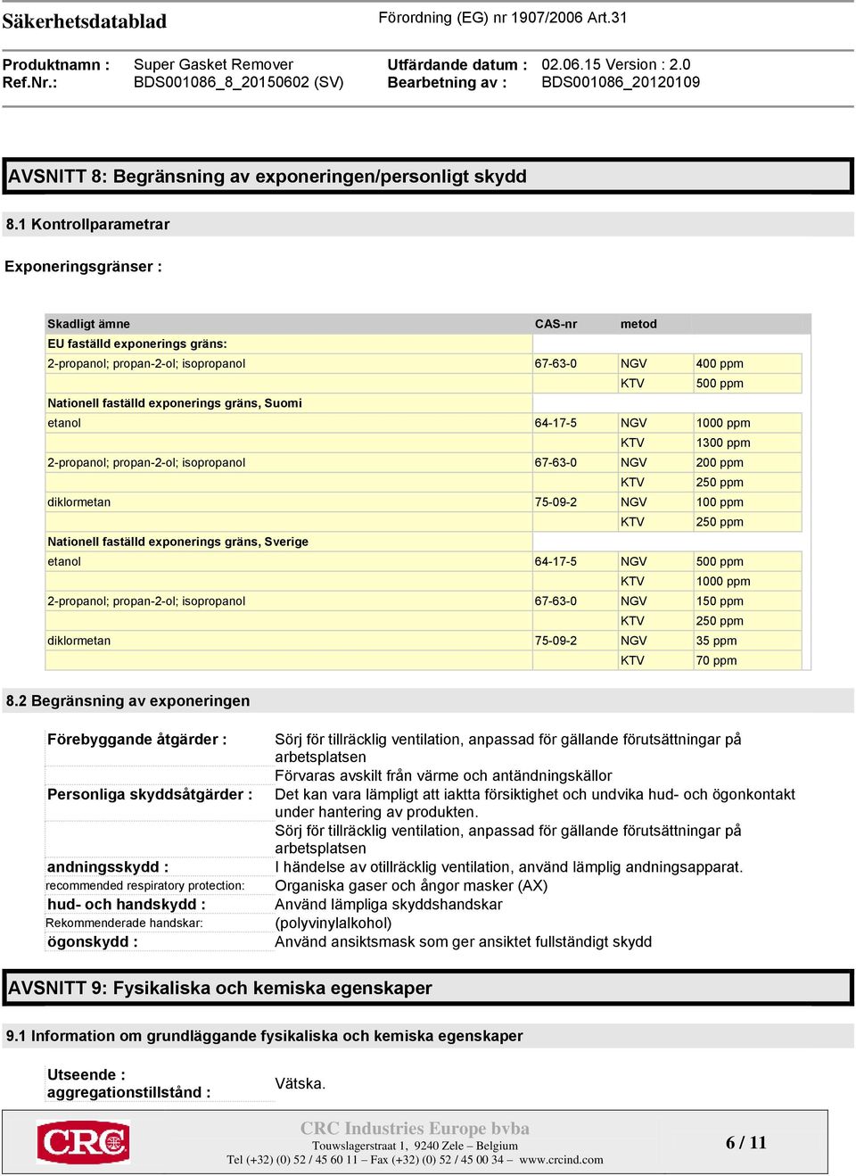 gräns, Suomi etanol 64-17-5 NGV 1000 ppm KTV 1300 ppm 2-propanol; propan-2-ol; isopropanol 67-63-0 NGV 200 ppm KTV 250 ppm diklormetan 75-09-2 NGV 100 ppm KTV 250 ppm Nationell faställd exponerings