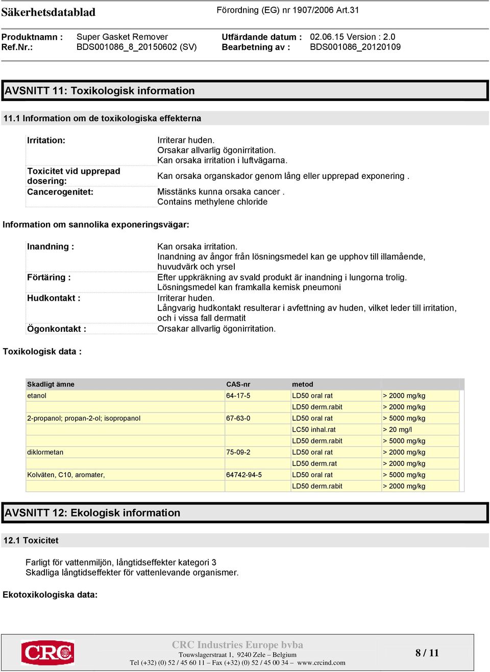 Contains methylene chloride Information om sannolika exponeringsvägar: Inandning : Förtäring : Hudkontakt : Ögonkontakt : Kan orsaka irritation.