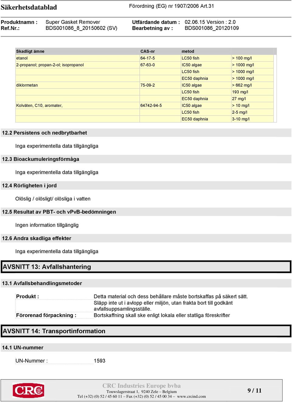 2 Persistens och nedbrytbarhet Inga experimentella data tillgängliga 12.3 Bioackumuleringsförmåga Inga experimentella data tillgängliga 12.