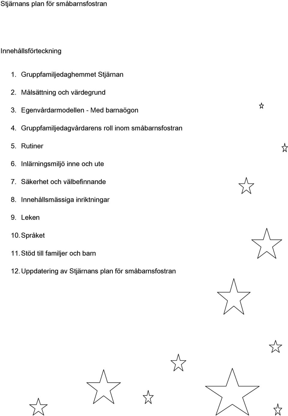 Gruppfamiljedagvårdarens roll inom småbarnsfostran 5. Rutiner 6. Inlärningsmiljö inne och ute 7.