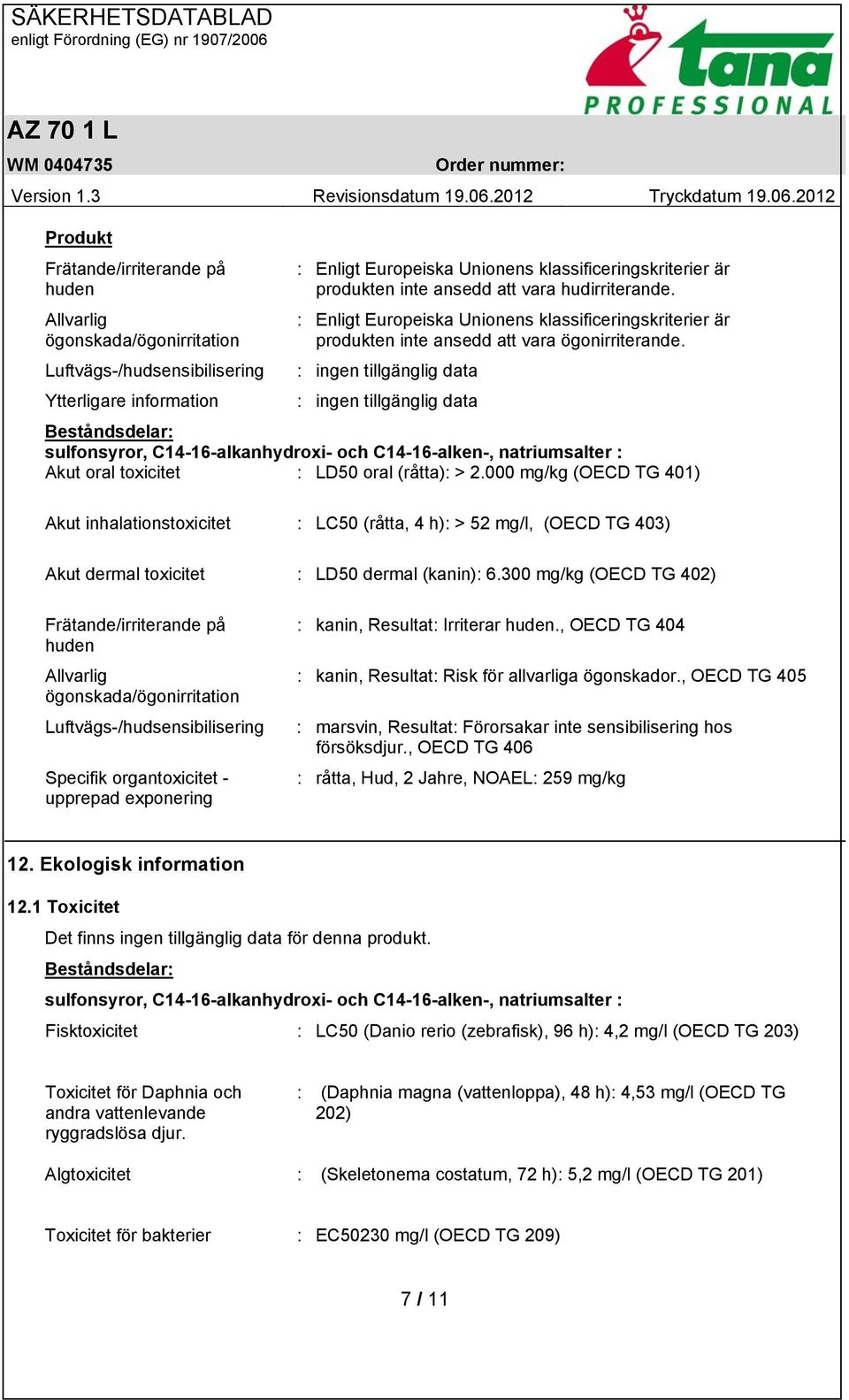 : ingen tillgänglig data : ingen tillgänglig data Beståndsdelar: sulfonsyror, C14-16-alkanhydroxi- och C14-16-alken-, natriumsalter : Akut oral toxicitet : LD50 oral (råtta): > 2.