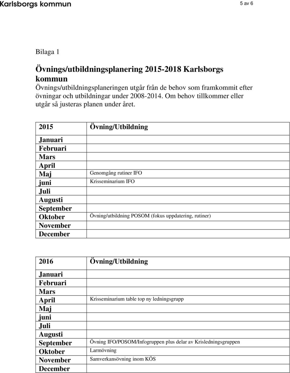 2015 Övning/Utbildning Genomgång rutiner IFO Krisseminarium IFO Övning/utbildning POSOM (fokus uppdatering, rutiner) 2016