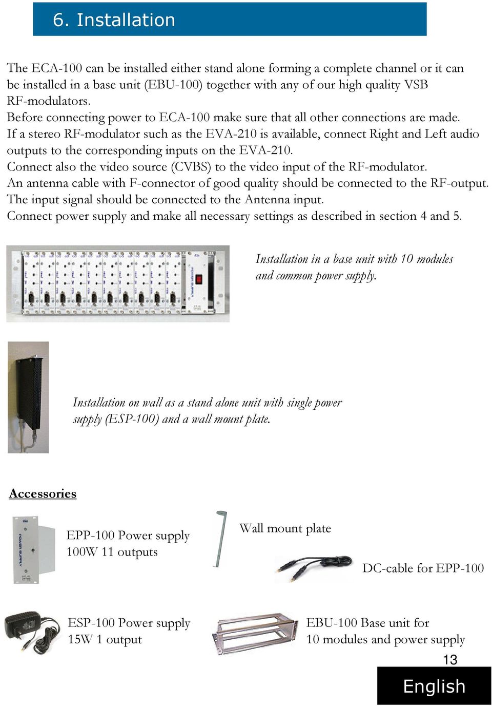 If a stereo RF-modulator such as the EVA-210 is available, connect Right and Left audio outputs to the corresponding inputs on the EVA-210.