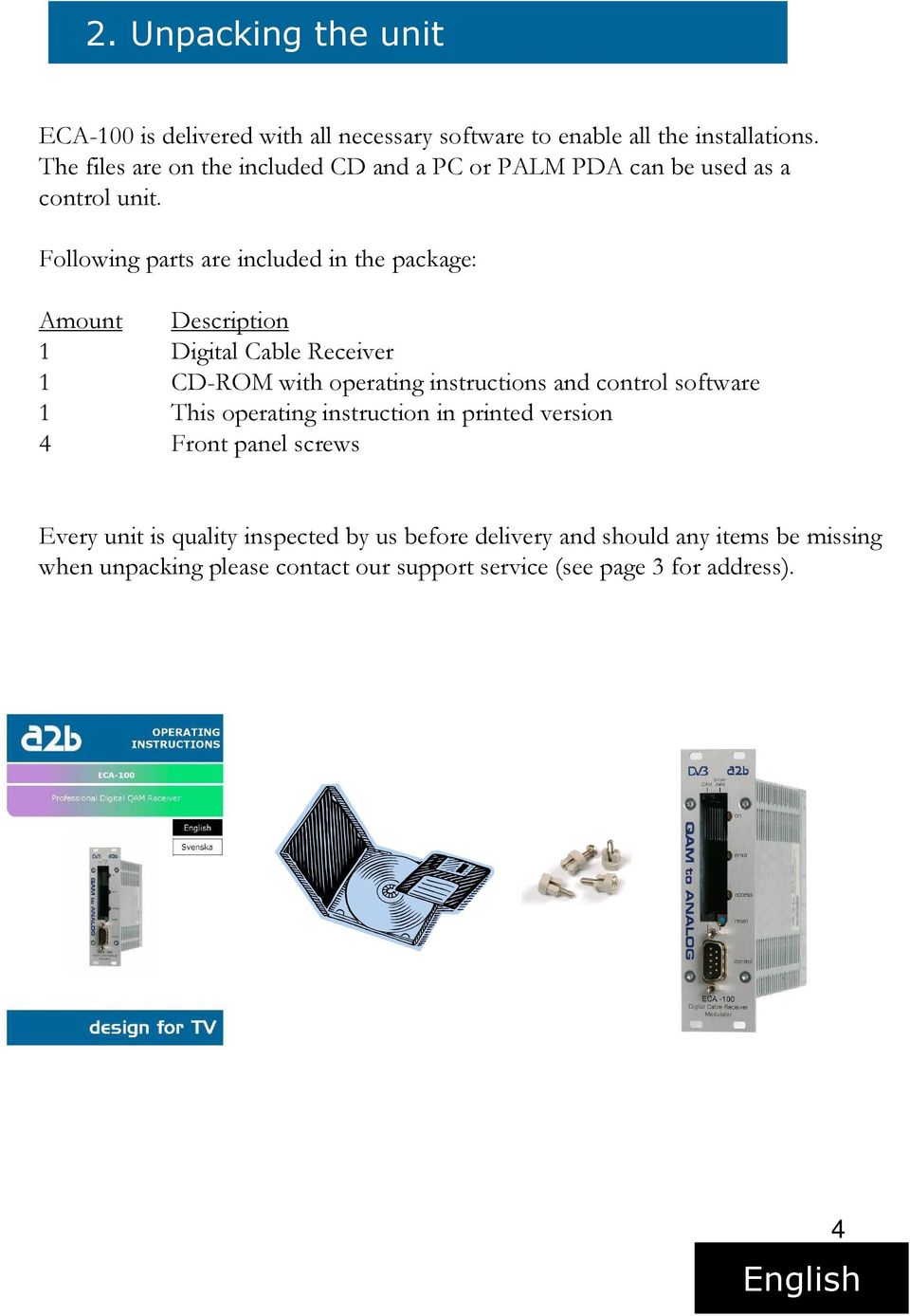 Following parts are included in the package: Amount Description 1 Digital Cable Receiver 1 CD-ROM with operating instructions and control