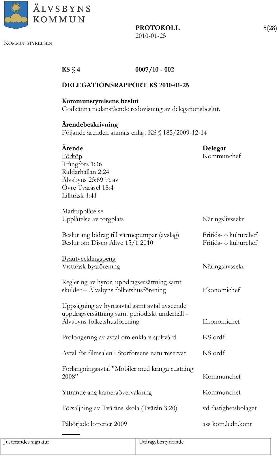 bidrag till värmepumpar (avslag) Beslut om Disco Alive 15/1 2010 Byautvecklingspeng Vistträsk byaförening Reglering av hyror, uppdragsersättning samt skulder Älvsbyns folketshusförening Uppsägning av