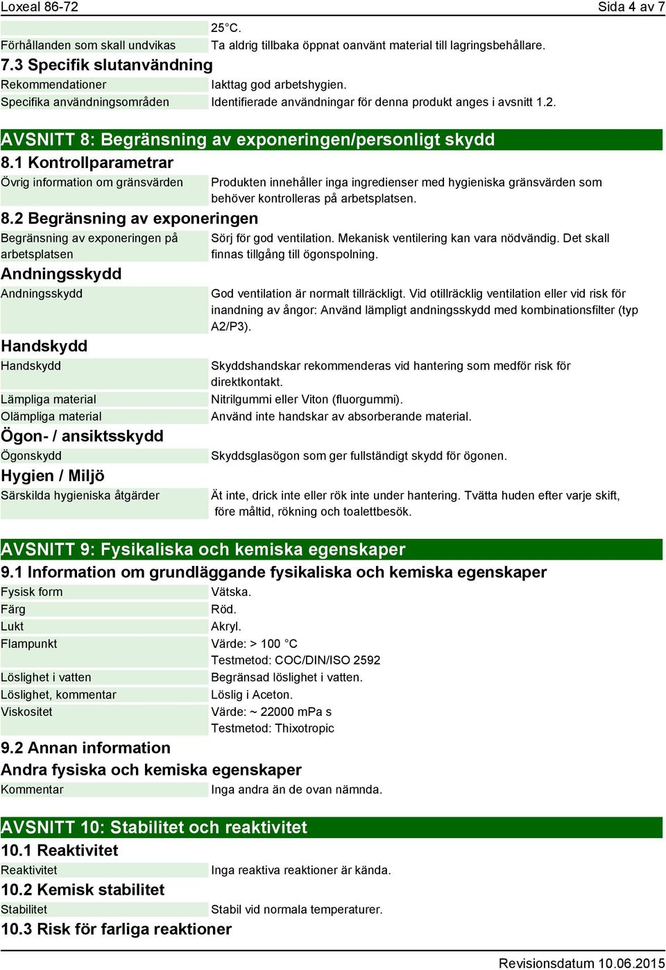 1 Kontrollparametrar Övrig information om gränsvärden 8.