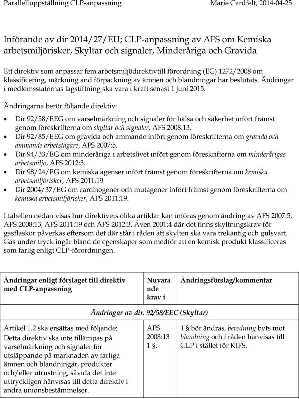 Ändringarna berör följa direktiv: Dir 92/58/EEG om varselmärkning och signaler för hälsa och säkerhet infört främst genom föreskrifterna om skyltar och signaler, 2008:13.