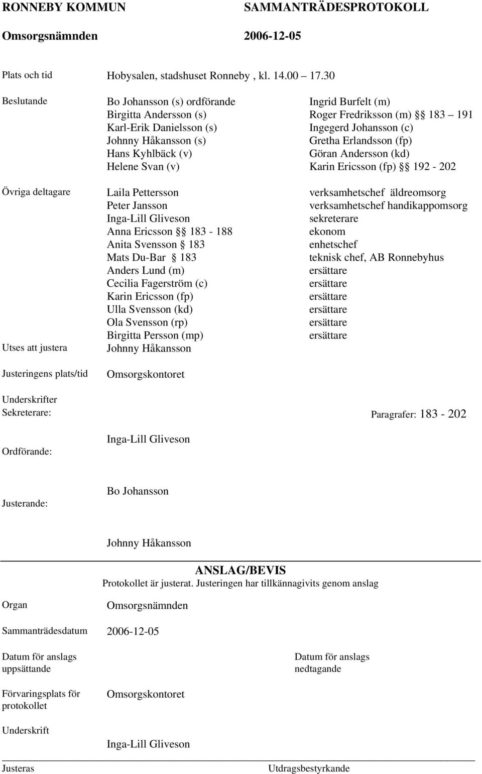 (v) Laila Pettersson Peter Jansson Inga-Lill Gliveson Anna Ericsson 183-188 Anita Svensson 183 Mats Du-Bar 183 Anders Lund (m) Cecilia Fagerström (c) Karin Ericsson (fp) Ulla Svensson (kd) Ola