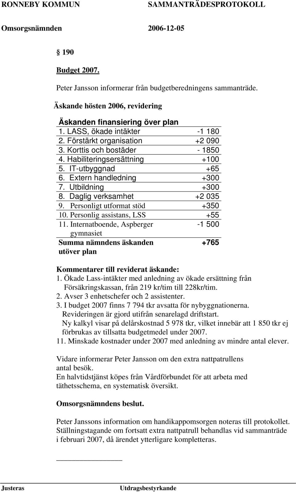 Personligt utformat stöd +350 10. Personlig assistans, LSS +55 11. Internatboende, Aspberger -1 500 gymnasiet Summa nämndens äskanden +765 utöver plan Kommentarer till reviderat äskande: 1.