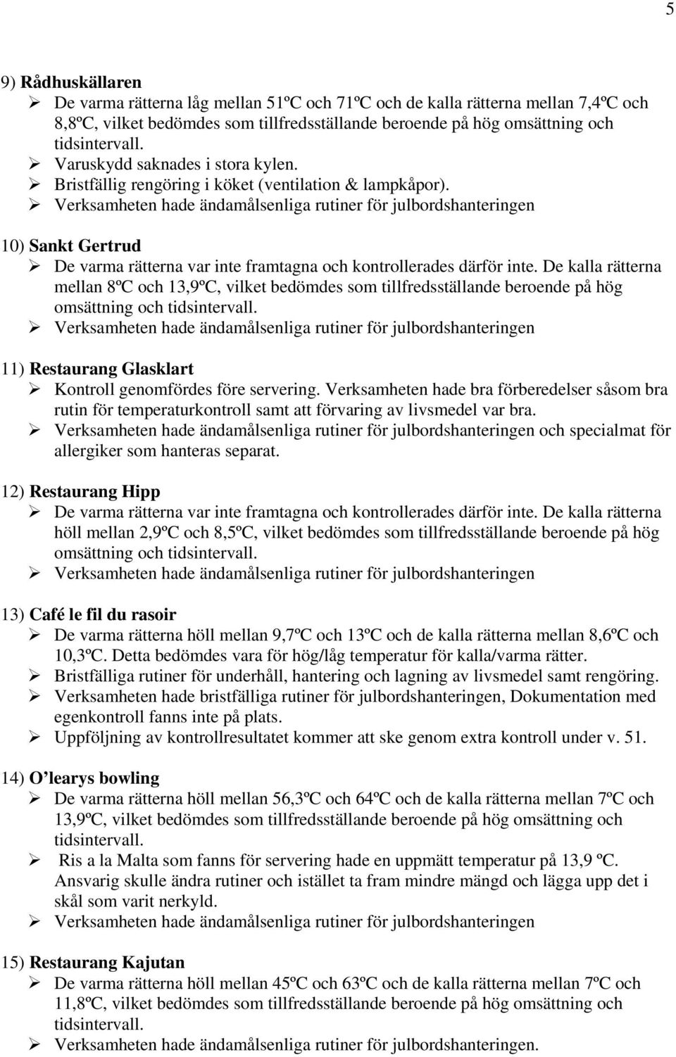 Verksamheten hade ändamålsenliga rutiner för julbordshanteringen 10) Sankt Gertrud De varma rätterna var inte framtagna och kontrollerades därför inte.