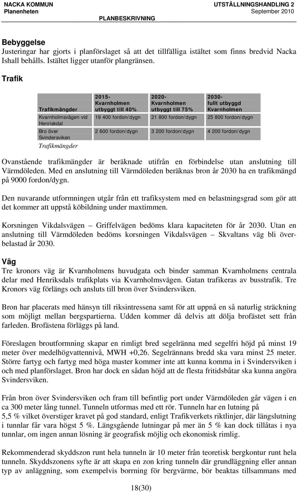 fordon/dygn 21 800 fordon/dygn 25 800 fordon/dygn 2 600 fordon/dygn 3 200 fordon/dygn 4 200 fordon/dygn Ovanstående trafikmängder är beräknade utifrån en förbindelse utan anslutning till Värmdöleden.