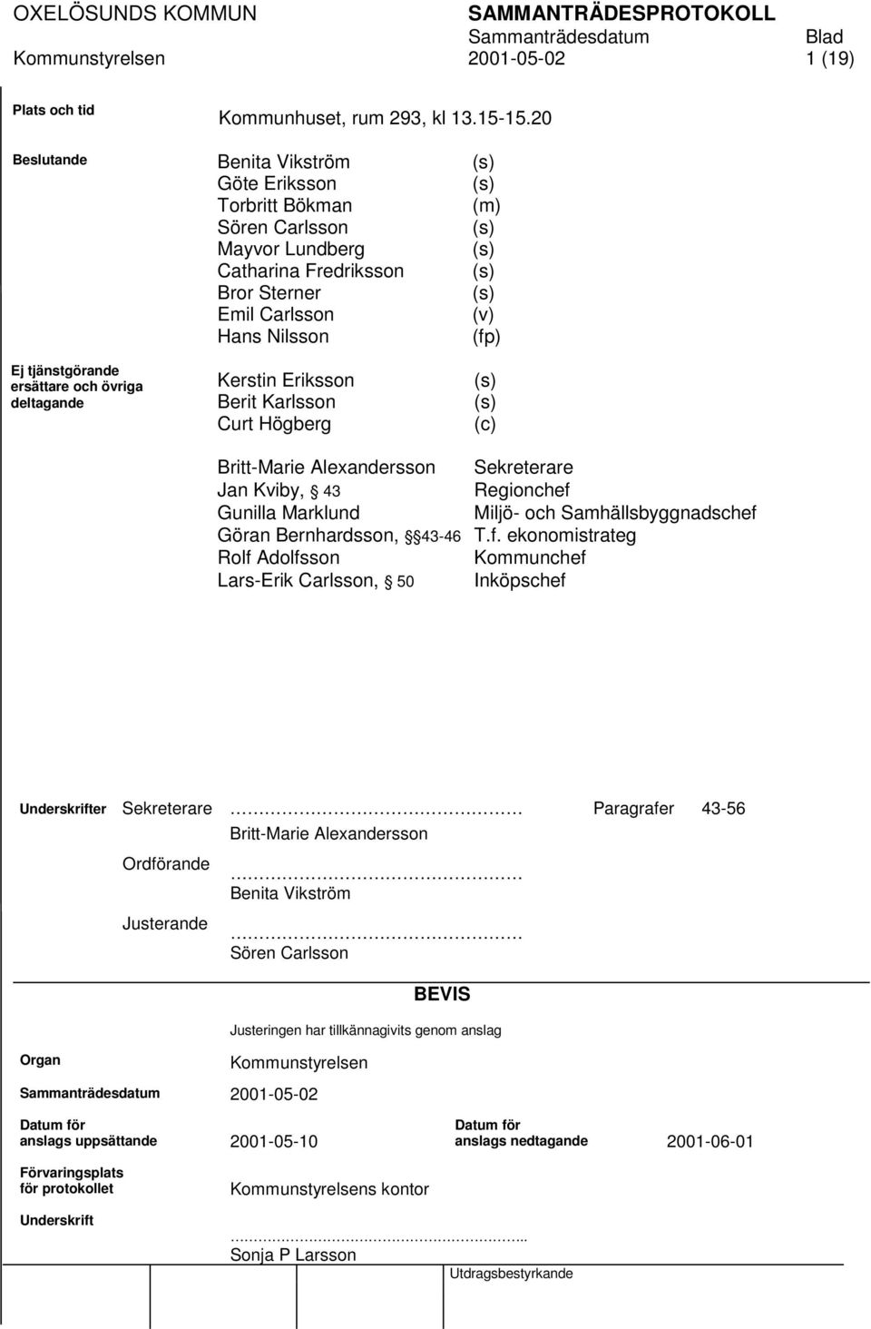 Nilsson Kerstin Eriksson Berit Karlsson Curt Högberg Britt-Marie Alexandersson Jan Kviby, 43 Gunilla Marklund Göran Bernhardsson, 43-46 Rolf Adolfsson Lars-Erik Carlsson, 50 (s) (s) (m) (s) (s) (s)