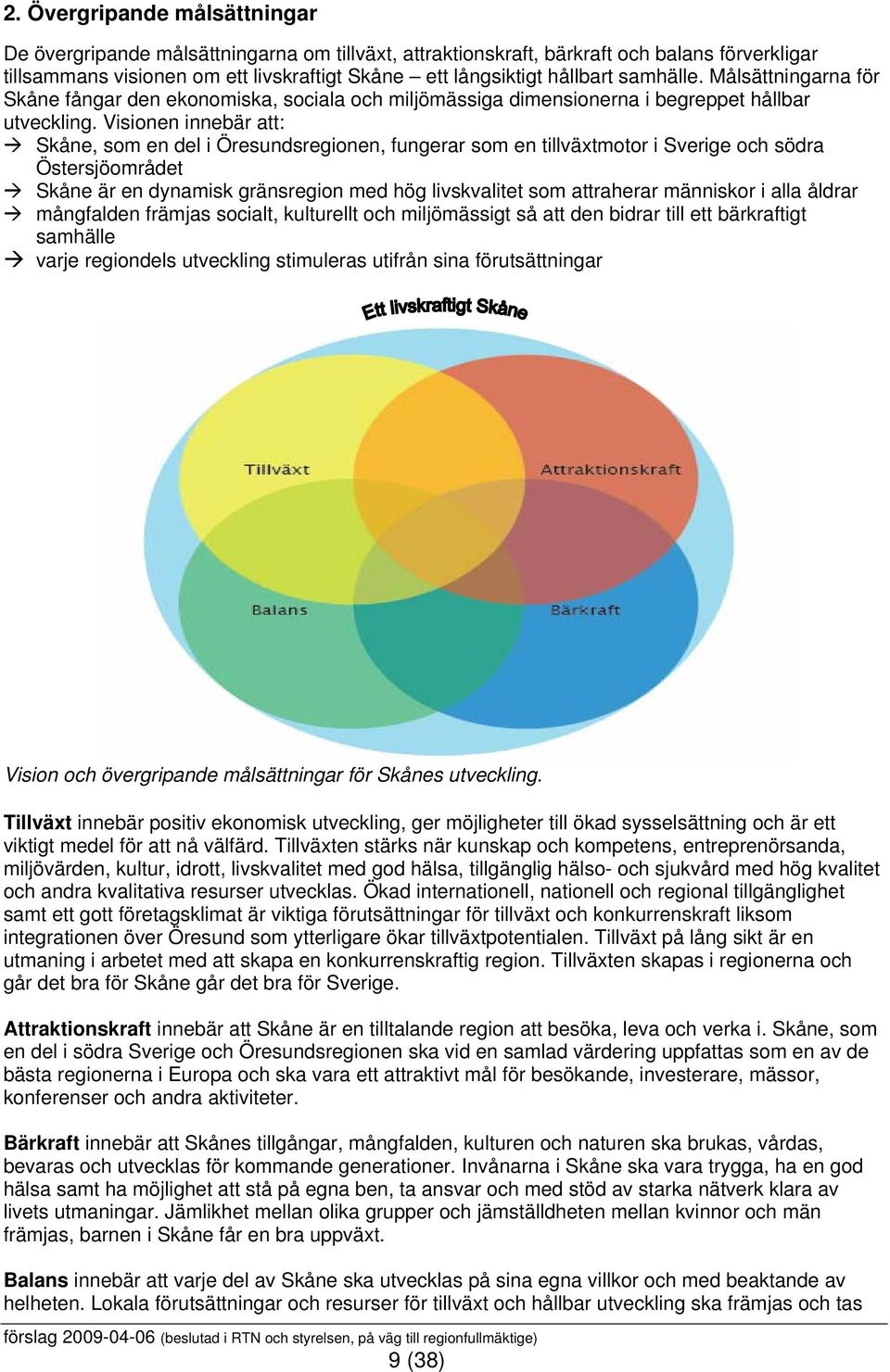 Visionen innebär att: Skåne, som en del i Öresundsregionen, fungerar som en tillväxtmotor i Sverige och södra Östersjöområdet Skåne är en dynamisk gränsregion med hög livskvalitet som attraherar